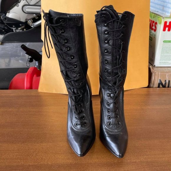 Shoes - Women's Black Leather Stiletto Heel Boots Lace-up